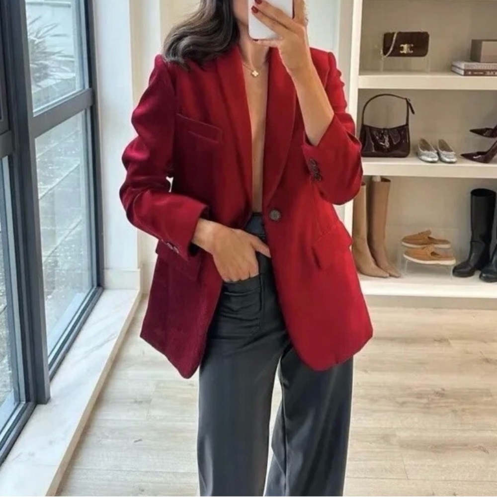 Zara Velvet one Button  Valentines Blazer in red size L